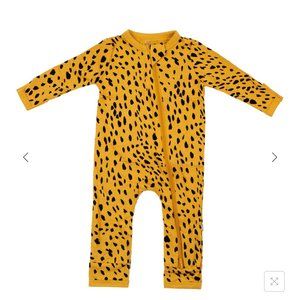 Two Kyte BABY Button Up Rompers in Oat and Marigold Cheetah 18-24m